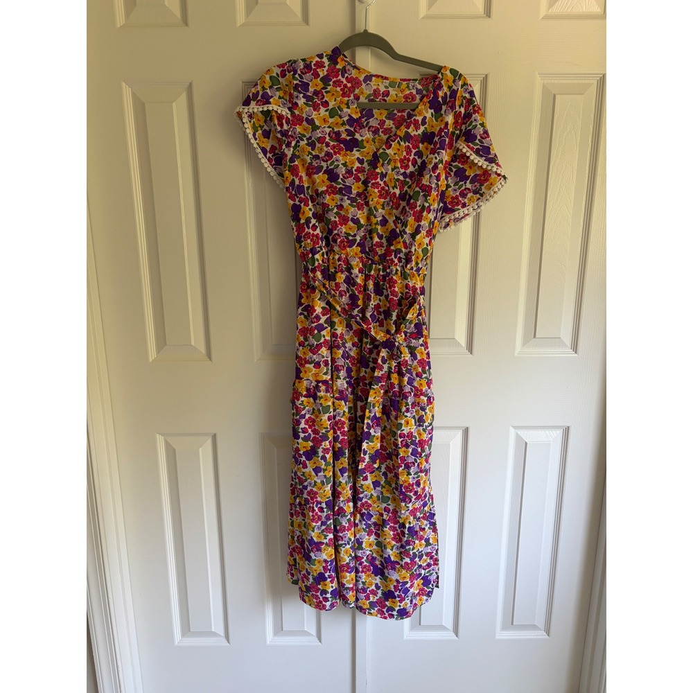 Floral Midi Dress Womens Large Multicolor Cottagecore Bright Summer Lace Trim